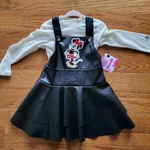 Minnie Mouse Black Faux Leather Pinafore Dress with Cream Top. Size 2t. NWT